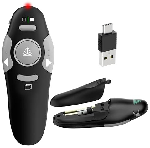 Ailah Présentateur Sans Fil 2,4 GHz, Récepteur USB-A avec Adaptateur USB-C, Pointeur Laser Rouge, Télécommande de Présentation Compatible avec PowerPoint, PC et Mac