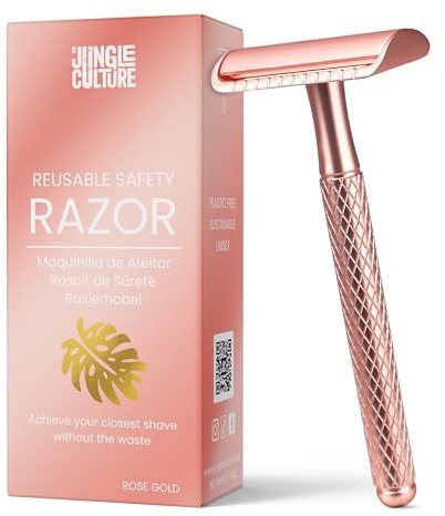 JUNGLE CULTURE Single Blade Safety Razor for Women & Men – Rose Gold | Weighted Metal Shaver with Textured Hexagon Grip • Reusable Eco Shave for Face, Legs & Underarms • Sensitive Skin Friendly