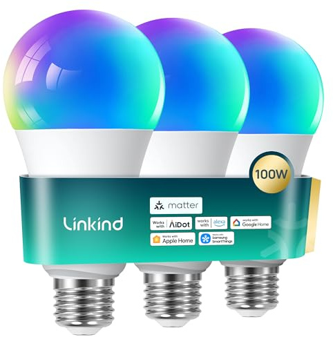 Linkind E27 Matter smart glühbirne 1600lm smart homekit lampe (104 Szenen) 14W ersetzt 100W WLAN LED Lampe RGBTW 2,4-GHz kompatibel Apple HomeKit/Alexa/Siri/Google/SmartThings, A67,3 Stück