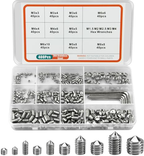 Lunhoo Grub Screw Assorted Set, 400 Pcs M3, M4, M5, M6, M8, 304 Stainless Steel Cone Point Grub Screws for Door Handles, Home Repairs and Fixtures, Includes 5 Allen Keys