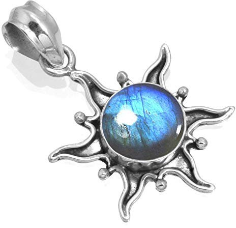 Jeweloporium Collier en argent et labradorite grise, pendentif en argent sterling 925 pour femme, véritable pierre ronde, bijou artisanal