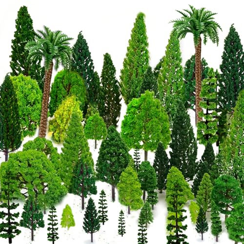 OrgMemory Arbres Modèles, 36Pièce, 4-16 cm, Arbres Miniatures, Modélisme Ferroviaire Paysage, Plastique Modèle Arbre pour Les Projets, Paysage de Modèle de Train sans Foundation (36 Arbres Verts)