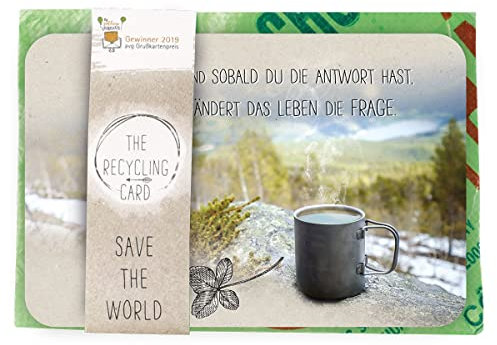 KE - Schöne Spruch-Karte im Set: DIN A5 Gruß-Karte mit Recycling-Umschlag und farbig bedruckter Rückseite - Motiv: Fragen