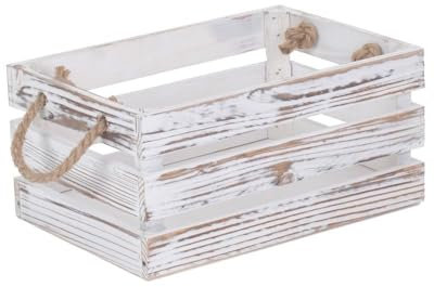 Red Hamper Small Distressed White Rope Handled Wooden Crate, Brown
