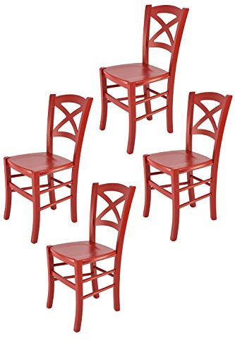 t m c s Tommychairs - 4er Set Stühle Cross für Küche und Esszimmer, robuste Struktur aus lackiertem Buchenholz im Farbton Rot und Sitzfläche aus lackiertem Holz in der Farbe Rot