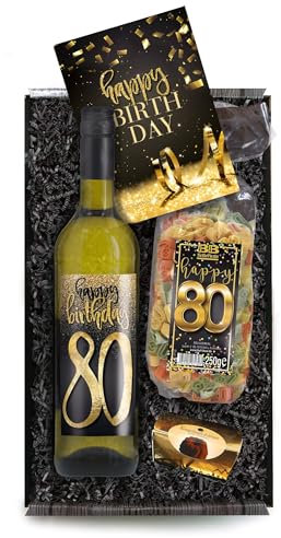 Bull & Bear Geschenkbox Happy Birthday 80, Set mit Weisswein, Nudeln und Geburtstagskarte, Geschenk zum 80. Geburtstag