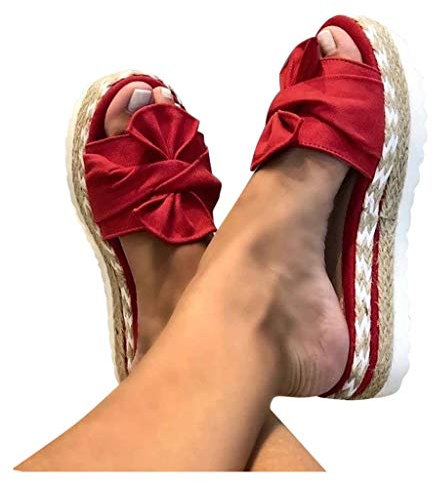 Sandales Plates Femme Bout Ouvert Pantoufles Slip-on Été Claquettes Nu Pieds Semelle Compensée Confortable Chaussures Antidérapant de Plage Wedges Platform Slipper Bohemia Beach Sandals (Rouge, 39)