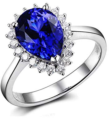 Daesar Damen Hochzeitsring 18 Karat Weißgold Solitär 2.12ct Blau Tropfen Tansanit Verlobungsring Ring Weißgold mit Diamant Gr.62 (19.7)