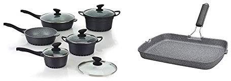 Tognana Evoluta Set Batteria, Alluminio Pressofuso, Grigio Marmorizzato, 10 Pezzi & WI758BDAMNF Grill Rettangolare con Manico Pieghevole Mythos, Alluminio, Grigio, 1