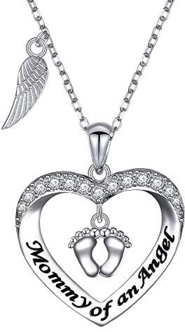 925 Sterling Silber Engelsflügel Baby Füße Herz Anhänger Halskette Mutter eines Engels Halskette Säugling Kind Verlust Schwangerschaft Fehlgeburt Totgeborenes Gedenkschmuck Geschenk für Damen Mama