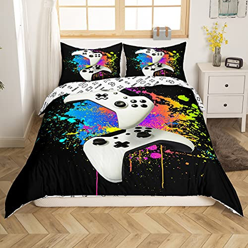Teens Gamepad Bedding Set Kids Modern Gamer Comforter Cover Boys Girls Video Game Controller Duvet Cover Gaming Console Bedspread Cover King Size 3Pcs Watercolor Tie Dye Bedroom Decor Zipper