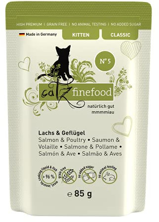 catz finefood Kitten No. 5 Lachs und Geflügel Katzenfutter nass - Feinkost Kitten Nassfutter für junge Katzen ohne Getreide und Zucker mit hohem Fleischanteil (16 x 85g Beutel)