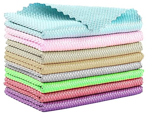 Cinvo 8Pcs Fish Scale Microfiber Rag Polishing Cleaning Cloth Lint Free Reusable Dish Towels Multi-Use Water Absorption Washcloths for Windows Cars Mirror Kitchen(5 Randorm Colors, 25x 25 cm)