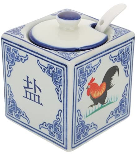 Garneck Salt and Pepper Cellar with Lid and Ceramic Vintage Sugar Bowl Porcelain Seasoning Box Blue and White Porcelain Rooster