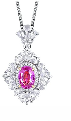 AMDXD Rhombus Damen Halskette mit Anhänger in 750 Weiß Gold 18K mit Saphir 0.68ct und Diamant Anhänger Modeschmuck Damen Kette Silber, 1Jahriger Geschenk