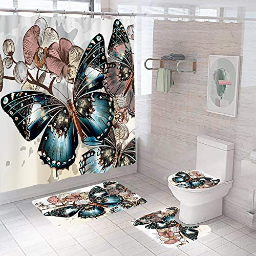 YULUOSHA 4 Pcs Monarch Butterflies Shower Curtain Set with Non-Slip Rugs, Toilet Lid Cover and Bath Mat Colorful Floral with Butterflies Shower Curtain Bathroom Decor with Hooks Turquoise