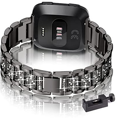 Metall Armband Kompatibel mit Fitbit Versa 2/ Lite/Fitbit Versa 3 /Sense Armband Edelstahl Für Damen Ersatz mit Elegant Für Fitbit Versa 2/ Lite/Versa 3 /Sense (Schwarz,Versa 2/Lite)