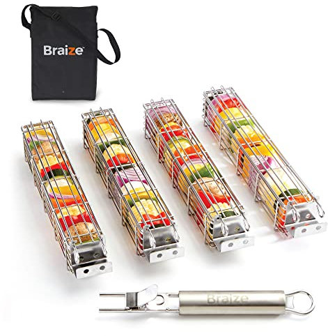 BRAIZE Großer Kabob Grillkorb 4er Set mit abnehmbarem Griff Edelstahlkonstruktion mit größerem Fassungsvermögen (12 x 2 x 2) und sicherem Deckel mit leicht zu verriegelndem Deckel (mit
