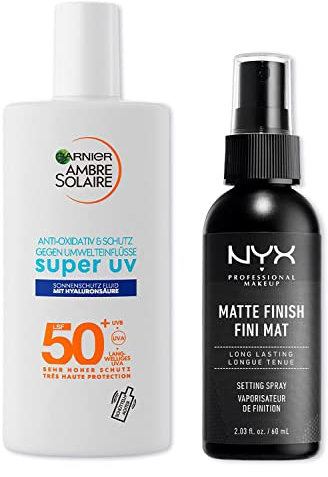 Sommer Beauty Set: Sonnenschutz & Make-up Fixierung: Garnier Ambre Solaire UV-Fluid LSF 50+ (40ml) – Nicht fettend & mit Hyaluron & NYX Setting Spray (60ml) – Langanhaltend, Matt & Vegan