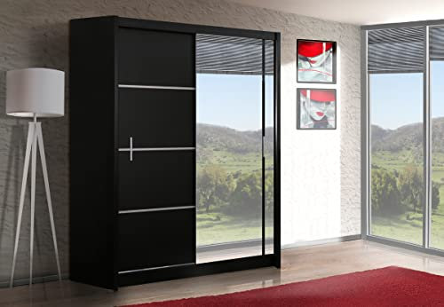 Kleiderschrank Vista mit Spiegel 150 cm, Schwebetürenschrank, Garderobeschrank Schlafzimmer; Wohnzimmerschrank; Korpus Schrank Farbe: Schwarz; Farbe der Schrankfront: Schwarz; Mehrzweckschrank