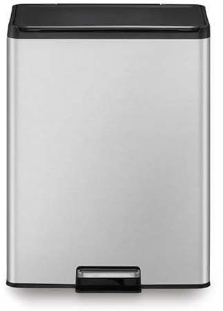 PROREGAL Rechteckiger Treteimer aus gebürstetem Edelstahl mit Soft-Close & Stay-Open Deckel | 20+20 Liter, HxBxT 59,2x33,8x46,2cm | Silber