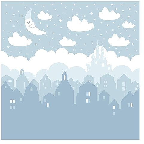 Bilderwelten Fototapete Babyzimmer Sternenhimmel Häuser Mond blau 288x288 cm Vlies-Tapete XXL Smart Wandtapete Wanddekoration Kinder Kinderzimmer