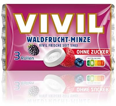 VIVIL Rollen Waldfrucht-Minze, 3er Pack, fruchtige Pastillen mit Waldfruchtgeschmack, zuckerfrei & vegan, 3 x 28g