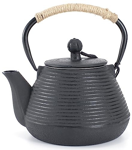 Cast Iron Teapot, 1000ml Kettle Stovetop Compatible with Infuser for Loose Tea, Japanese Teapot with Enamel Interior, Black