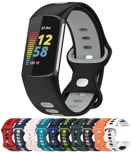LOKEKE Compatible with Fitbit Charge 6 Replacement Band - Replacement Silicone Wrist Watch Band Strap Compatible with Fitbit Charge 6/5(Silicone Black + Grey)