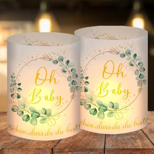 12 Windlicht Tischdeko Oh Baby, Babyshowerparty Deko Mädchen Junge, Teelichter Eukalyptus Grün Deko, Babyparty Deko Neutral, Schön DASS Du Da Bist, Geeignet Für Teelichter Oder Kerzen