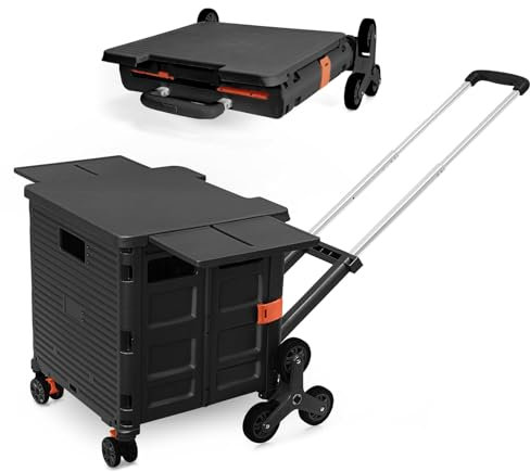 Faltbarer Einkaufswagen, Zusammenklappbarer Tragbarer Nutzwagen mit Treppensteig-Rädern und Magnetischem Deckel 80 kg Tragkraft mit Ausziehbarem Griff für Camping und Werkzeugaufbewahrung - Schwarz
