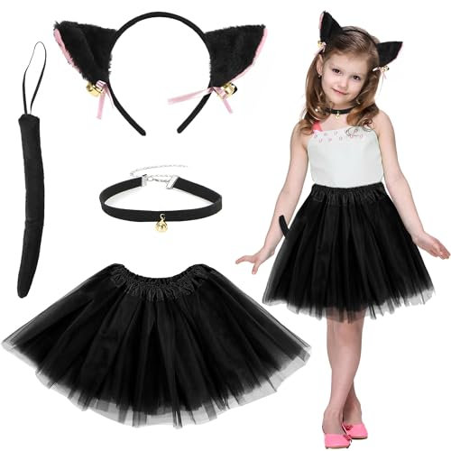 Orgoue Costume da Gatto, Gatto Costume Bambini Ragazza Gatto Cosplay Set con Orecchie di Gatto Fascia, Collare Campana, Tutu Nero E Coda di Gatto Per Carnevale Tema Cosplay Party