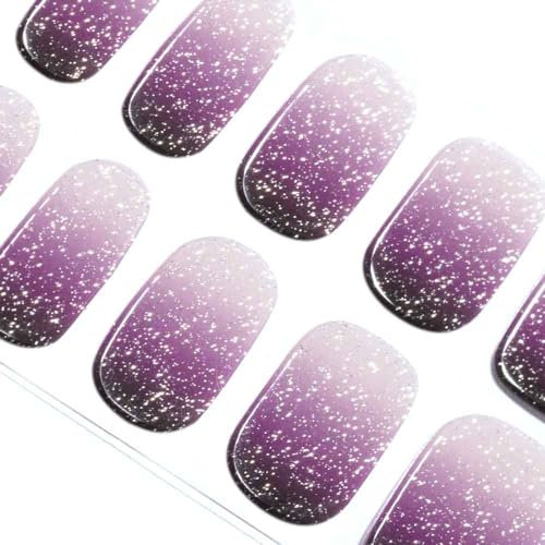 DANNI & TONI Halb ausgehärtete Gel Nagelfolien (Ursula) Violetter Farbverlauf Silberglitzer Glänzend uv Gel Nagelfolie Nageldesign Nagelfolie Selbstklebend Wraps 28 Aufkleber