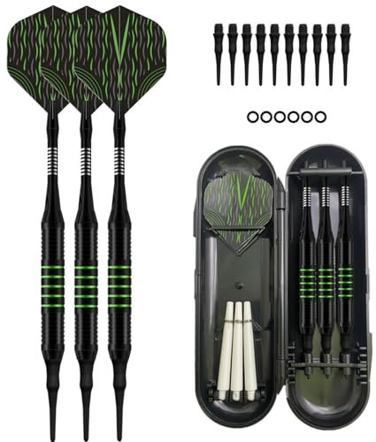 OLYSPM Dartpfeile Set,Dartpfeile Profi,Dartpfeile mit Kunststoffspitze,3 Dartpfeile mit 3 Ersatzwellen,10 Ersatzspitzen,6 Gummi-O-Ringen,1 Dartkoffer für Anfänger und Profis