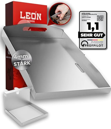 [Made in Germany] - LEÓN Goods - 4mm Edelstahl Plancha, BBQ Board, Grillplancha/Grillplatte mit Auslaufschutz aus rostfreiem Edelstahl - Universal (40x30)