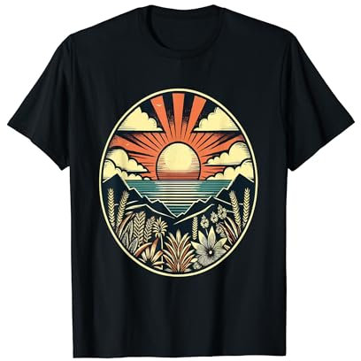 Vintage Design mit Meer, Sonne, Wolken und Bergen T-Shirt