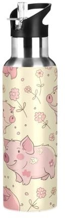 Niigeu Polka Dots Flower Pig Sport Water Bottle with Straw Stainless Steel Double Walled Insulated Vacuum Cup 600ML Tea