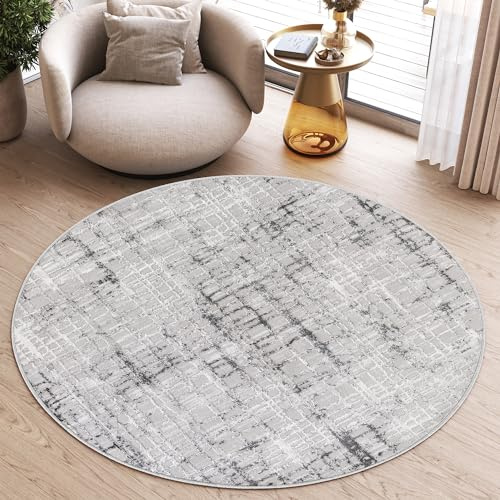 TAPISO Sky Rund Teppich Kurzflor Karo Streifen Grau Creme 120 x 120 cm | Modern Design Meliert Wohnzimmer Schlafzimmer 3D Effekt oeko-tex