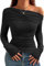 TrendiMax Womens Long Sleeve Sexy Tops Boat Neck Off Shoulder Knit Shirts Ruched Elegant Slim Fitted Blouse T Shirt Black