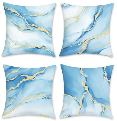 Bonhause Blue Gold Marble Cushion Covers 45 x 45 cm Modern Abstract Marble Decorative Throw Pillow Covers Blue Pillowcases for Sofa Couch Bed Home Patio Decor Set of 4