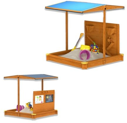 RSBQBATA Grand Bac À Sable en Bois avec Auvent Ajustable, Bac À Sable avec Couvercle Réglable, Entonnoir À Sable, Planche À Dessin, Bac À Sable Extérieur