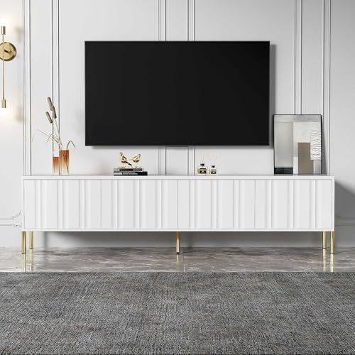 NIUAWASA Meuble TV Bas 190 x 38 x 48 cm - Pieds Dorés - Design de Porte Rainuré - Meuble TV - Blanc