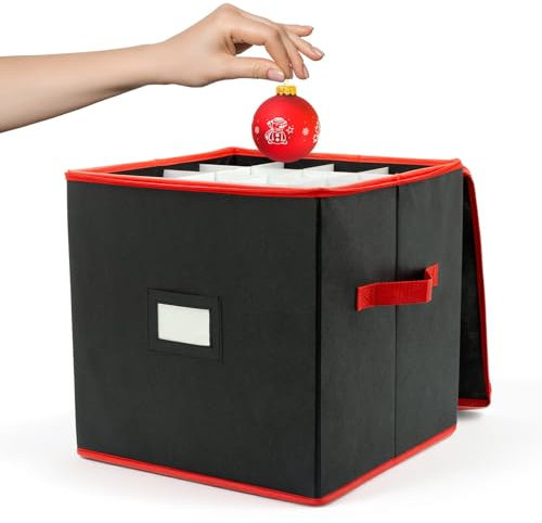 CKB LTD Red and Black Christmas Bauble Storage Box V2 Cube With Compartments Stores up to 64 Baubles, Xmas Ornaments and Loft Decorations Container 33 x 33 cm