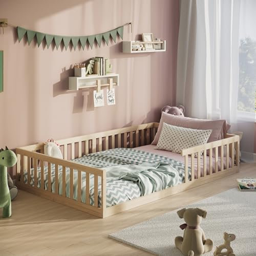 Kids Collective Kinderbett Bodenbett 120x200 cm mit Rausfallschutz & Lattenrost Montessori Bett Bed Gitterbett Kinder Jugendbett Einzelbett | Natur weitere Größen | 90x200 | 140x200 cm