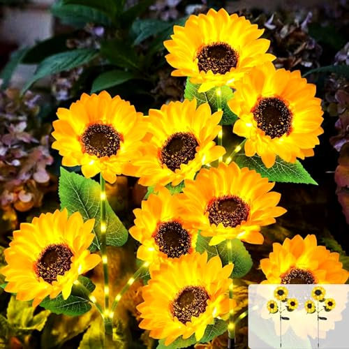 2 Pack Solar Sonnenblume Lichter, Solar Pfahllampe mit 6 Sonnenblumen, 42 LEDs Außenbereich Wasserdichte Blumenlichter mit Leuchtende Stängel für Außen Rasen, Garten, Terrasse, Hof Weihnachtsdeko