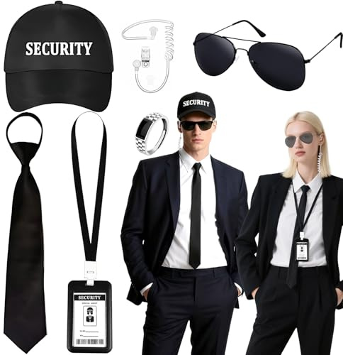 Agenten-Kostüm-Zubehör, Geheimsicherheitsdienst, Cosplay-Kostüm, Outfit-Set mit Spionagehut, Ohrmuschel, Sonnenbrille, vorgebundene Reißverschlüsse, ID-Kartenring für Herren, Jungen, Teenager