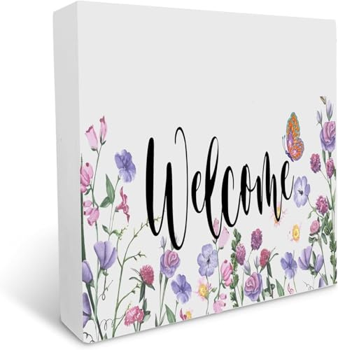 Welcome Decor Sign Hanging Wood Sign Home Decorative Printed Wood Box Sign Flower Welcome Sign Yard Garden Porch Decor Farmhouse Front Door Desk 5x5 Inch