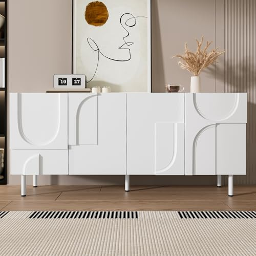 dowowdo Sideboard Weiss mit Geometrischem Design, Esszimmermöbel mit Großem Stauraum, Weißer Schrank mit Geräuschlosen Scharnieren, Modernes Highboard für Minimalistisches Wohnzimmer, 160 cm