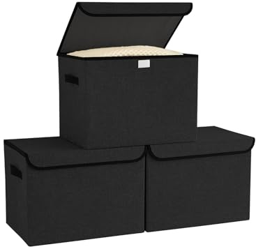 Bagnizer Small Collapsible Storage Boxes with Lids & Handles 3PCS | Fabric Storage Basket Bins for Clothes Toy Storage Box Folding for Wardrobe Bedroom Office Black 25x20x15CM