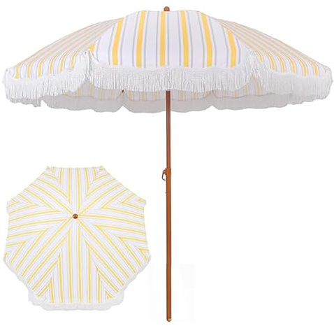HCBUTAE Tiltable Folding Beach Umbrella, Yellow White Striped, Garden Tassel Umbrellas, 185cm/6ft, Outdoor Large Travel Camping Sun Umbrella